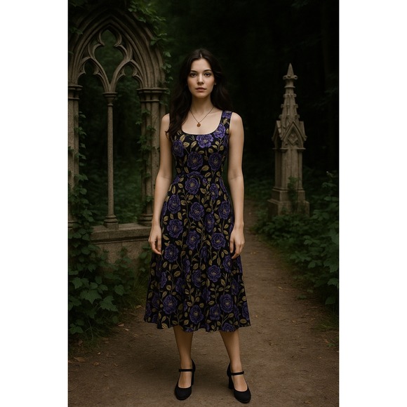Lady V London Lady Voluptuous Purple Floral Whimsygoth Fit Flare Dress Size 16 - Picture 1 of 8